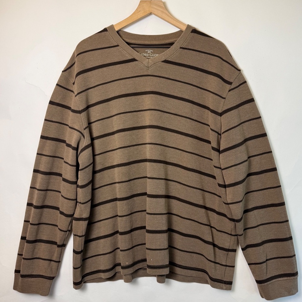 Faded Glory Mens 2XL Brown Striped V-Neck Long Sleeve Ribbed Knit Shirt RN52469